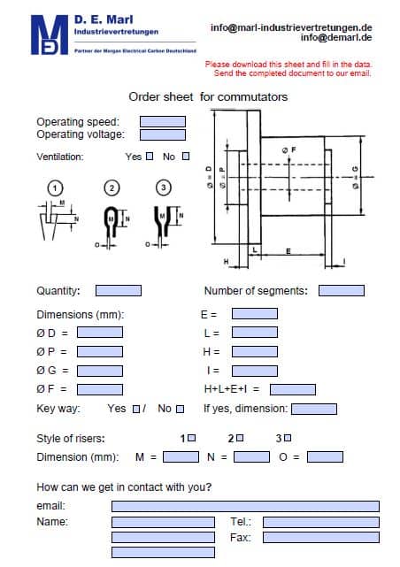 Order sheet for commutators