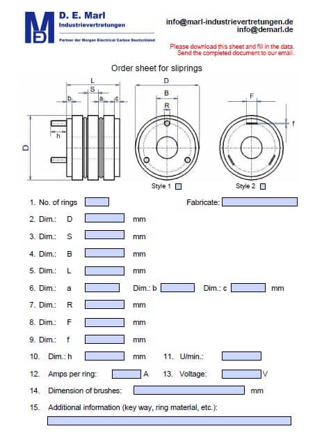 Order sheet for sliprings